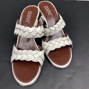 Franco Sarto White Ivory Leather High Heel Slip‎ On Sandals Braided Upper 8.5 M